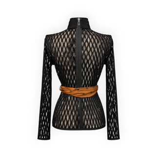 Fendi Black Sheer Monogram Openwork Mesh Long Sleeve Top with Brown Silk Sash IT 36