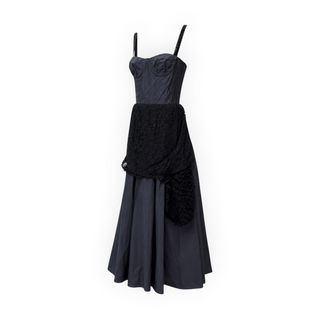 Christian Dior Navy Silk Taffeta Black Lace Bustier Evening Gown Size FR 36