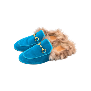 Gucci Turquoise Blue Suede Princetown Horsebit Fur-Lined Slippers EU 37.5