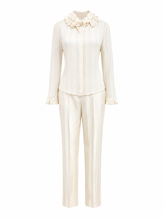 Saint Laurent Ivory Striped Silk Blouse & Trousers Set Size FR 38