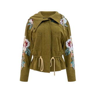 Valentino Khaki Embellished Floral Embroidered Hooded Jacket Size IT 44