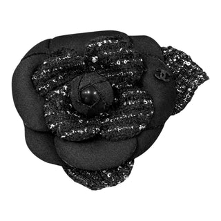 Chanel Black Tweed Camellia Brooch