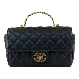 Chanel Mini Top Handle Flap Black Lambskin Bag with CHANEL Chain Handle