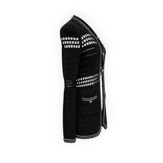 Chanel Black Openwork Knit Chain-Trim Long Cardigan Jacket Size 36