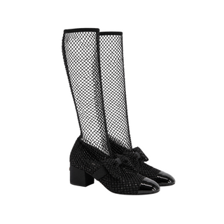 Chanel Black Crystal Embellished Fishnet Knee High Cap Toe Boots EU 40