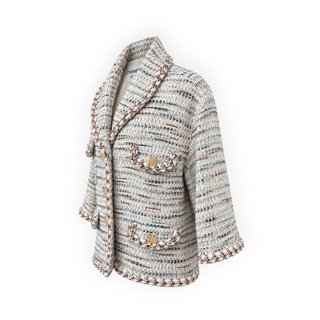 Chanel White Multicolor Tweed Braided Trim Jacket Size FR 44