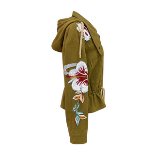 Valentino Khaki Embellished Floral Embroidered Hooded Jacket Size IT 44