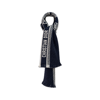 Christian Dior Navy Blue and Ivory Wool Cashmere Knit Beanie Hat and Logo Scarf Two-Piece Set