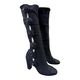 Chanel Black Camellia Embellished Knee-High Boots