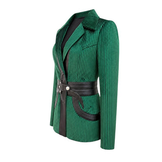 Louis Vuitton Green Striped Velvet & Leather Belted Blazer Size FR 36
