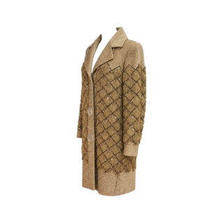 Chanel Gold Beige Embellished Diamond Quilted Long Coat FR 36