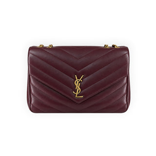 Saint Laurent Burgundy Large Loulou Chevron Quilted Leather Shoulder Bag with Gold-Tone Hardware