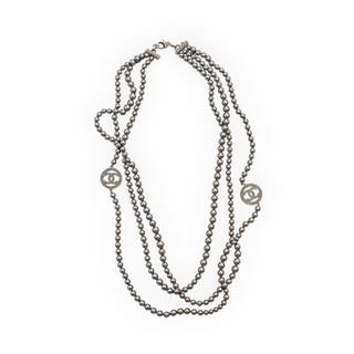 Chanel Grey Multi-Strand Faux Pearl CC Logo Necklace