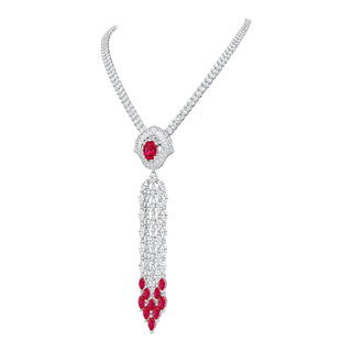 Lab-Grown Ruby Tassel Drop Necklace in White Gold-Plated Sterling Silver