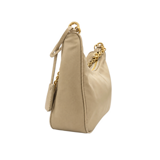 Prada Beige Re-Edition 2005 Re-Nylon Shoulder Bag with Gold Chain and Mini Pouch