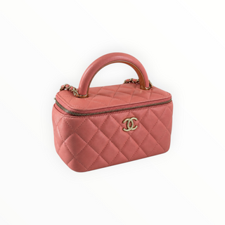 Chanel Coral Pink Quilted Leather Mini Vanity Case Bag with Chain Strap