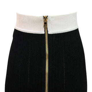 Balmain Black & White Ribbed Knit Button Pencil Skirt