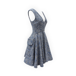 Christian Dior Blue & Grey Wool Tweed Fit-and-Flare Dress Size FR 34
