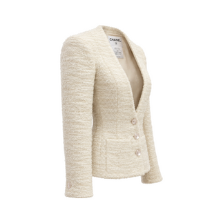 Chanel Cream Textured Tweed V-Neck Jacket Size FR 38