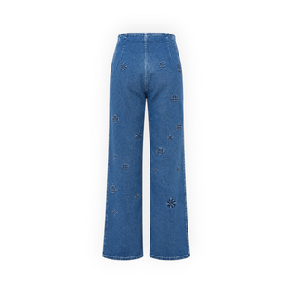 Chanel Blue Denim Embroidered Logo High-Waisted Wide-Leg Jeans FR 36