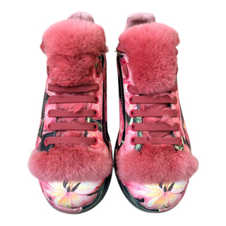 Dolce & Gabbana Pink Floral Rabbit Fur Trim Sneakers