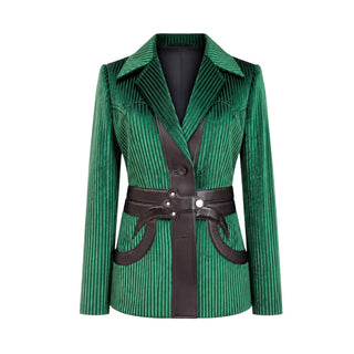 Louis Vuitton Green Striped Velvet & Leather Belted Blazer Size FR 36