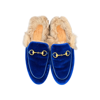 Gucci Cobalt Blue Velvet Princetown Horsebit Fur-Lined Slippers EU 37