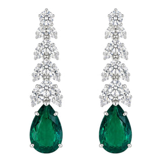 Lab-Grown Emerald & Diamond Drop Earrings in White Gold-Plated Sterling Silver