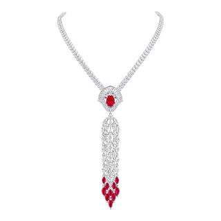 Lab-Grown Ruby Tassel Drop Necklace in White Gold-Plated Sterling Silver
