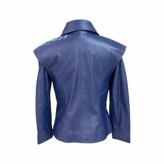 Chanel Blue Lambskin Leather Button-Up Jacket with Black Ribbon Tie – Size 36