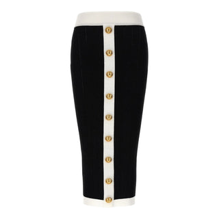 Balmain Black & White Ribbed Knit Button Pencil Skirt
