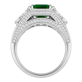 Bella Ling Custom Lab-Grown Emerald & Diamond Halo Statement Ring in White Gold Plated Sterling Silver