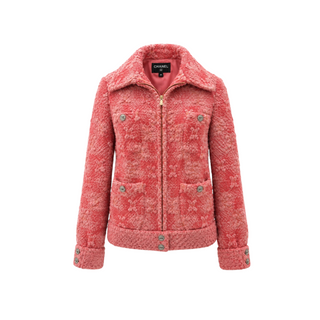 Chanel Pink Textured Tweed CC Button Zip Jacket Size FR 36
