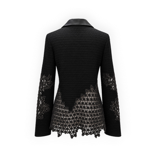 Chanel Black Textured Knit Lace Detail Blazer with Satin Shawl Collar FR 38