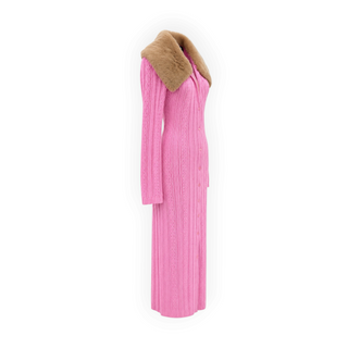 Blumarine Pink Wool and Cashmere Knit Maxi Cardigan Dress with Faux Fur Collar Size 42