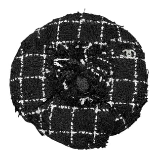 Chanel Black & White Tweed Grid Camellia Brooch