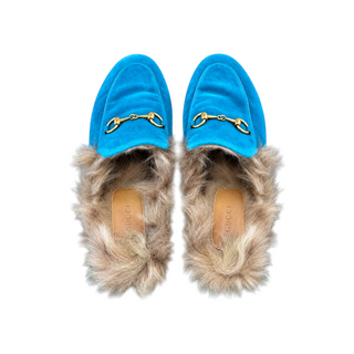 Gucci Turquoise Blue Suede Princetown Horsebit Fur-Lined Slippers EU 37.5