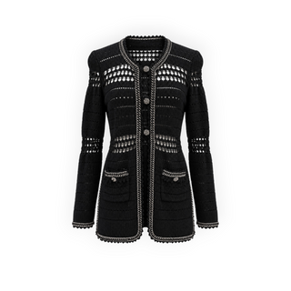 Chanel Black Openwork Knit Chain-Trim Long Cardigan Jacket Size 36