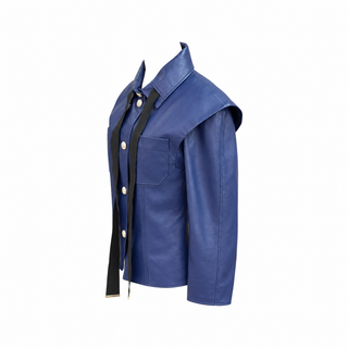 Chanel Blue Lambskin Leather Button-Up Jacket with Black Ribbon Tie – Size 36