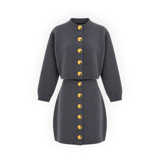 Louis Vuitton Dark Grey Wool Gold Button Cropped Cardigan and Mini Skirt Two-Piece Set