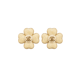 Chanel Cream and Gold CC Camellia Flower Stud Earrings