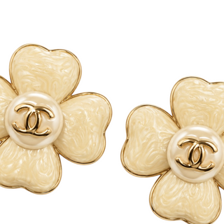 Chanel Cream and Gold CC Camellia Flower Stud Earrings