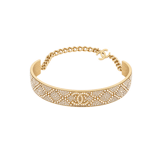 Chanel 21K Gold Tone Pearl & Crystal Wide CC Choker Necklace