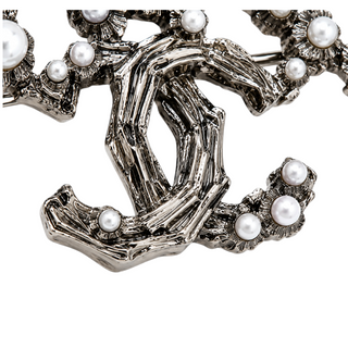 Chanel Silver-Tone COCO CC Pearl Floral Statement Brooch