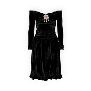 Paco Rabanne Black Velvet Ruched Off-Shoulder Embellished Midi Dress Size FR 38