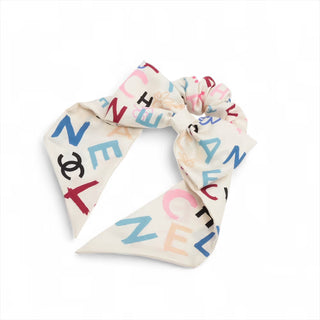 Chanel Multicolour Logo Print Silk Bow Scrunchie