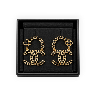 Chanel Black Crystal & Gold-Tone CC Floral Dangle Earrings