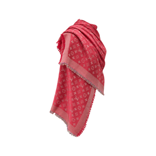 Louis Vuitton Coral Pink Multicolour Monogram Shine Silk and Wool Jacquard Shawl Scarf