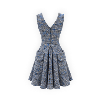 Christian Dior Blue & Grey Wool Tweed Fit-and-Flare Dress Size FR 34
