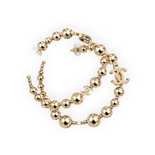 Chanel Champagne Gold CC Logo Beaded Hoop Earrings